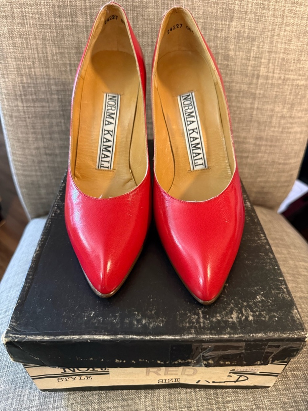 Norma Kamali Red Pointed-Toe Leather Pumps